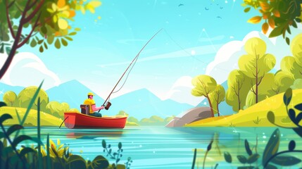 The logo for a fishing website shows a lake, a man fishing, and the catch of the day. Modern banner of anglers enjoying a summer vacation with a cartoon landscape.
