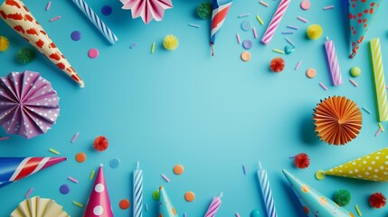 Colorful and festive party supplies on a bright blue background, ready for celebration.