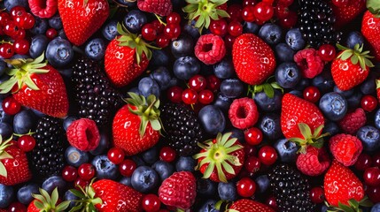 Close-up image of assorted fresh berries including strawberries, blueberries, and raspberries.