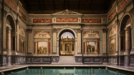 Roman bathhouse featuring ornate frescoes of Roman mythology