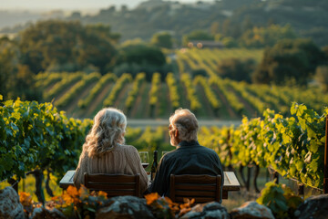 Two seniors enjoying wine in a tranquil vineyard setting, seated at a table with a view of rolling vine rows. AI generated.