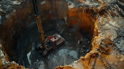 A detailed aerial view of a large excavator operating in a deep, muddy quarry pit.