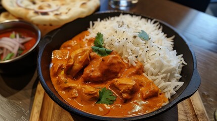 A close-up image of a delicious butter chicken served with basmati rice and naan, with condiments on the side.