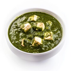 A white bowl brimming with fresh spinach leaves and blocks of tofu
