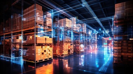 Generative AI and digital technologies streamline processes in modern retail warehouses - obrazy, fototapety, plakaty