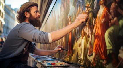 Roman artist creating vibrant fresco on busy street