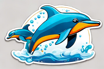 Blue dolphin jumping out of water, cartoon illustration, isolated in abstract background