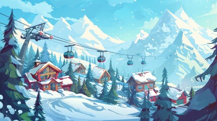 Ski resort settlement with cableway over spruce trees and snowy peaks, Cartoon modern illustration of wintertime vacation cottages. - obrazy, fototapety, plakaty