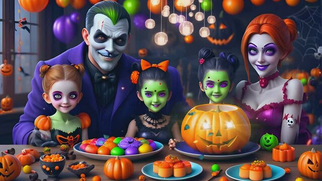 happy family dressed up in Halloween celebration, background for celebrating Halloween seamless looping time lapse virtual 4k video animation background,