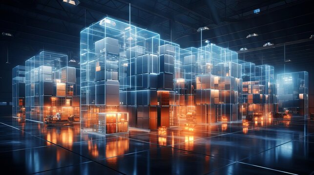 Futuristic warehouse employing generative AI for inventory and logistics