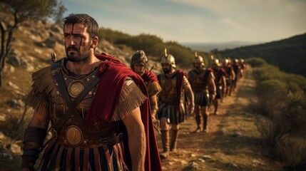 Roman legion on campaign marching through landscapes