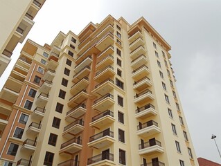 A view of a contemporary high-rise residential building with balconies under an overcast sky.