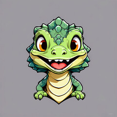 funny green dragon, frilled neck lizard cartoon with smiling face isolated in white background