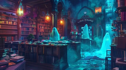 Ghostly old bookstore at night