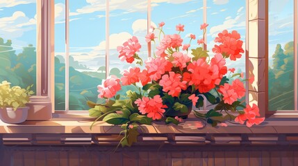 Beautiful geraniums on a balcony art painting.