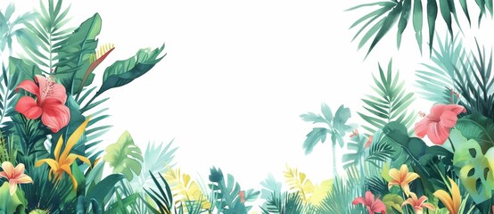 Tropical plants and flowers border a white background
