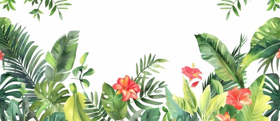 Tropical plants and flowers border a white background