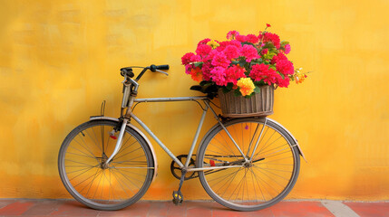  An idyllic scene of a bicycle with a basket filled with vibrant blooms, standing against a bright yellow wall, evoking a sense of nostalgia and happiness