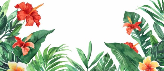 Naklejka premium Tropical plants and flowers border a white background