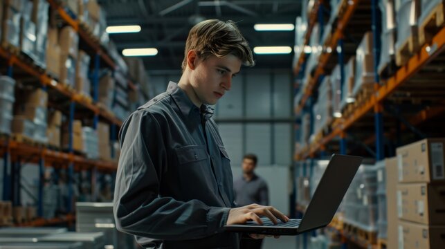 Young Worker Using Laptop in Warehouse
