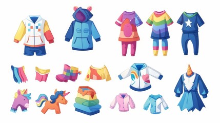 The cutest little children's apparel set with t-shirts, shorts, dresses, sweaters, pajamas in the shape of unicorn, hats, and pants.