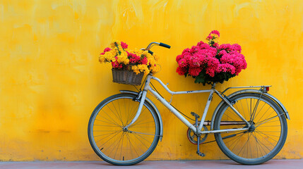 Fototapeta na wymiar An idyllic scene of a bicycle with a basket filled with vibrant blooms, standing against a bright yellow wall, evoking a sense of nostalgia and happiness