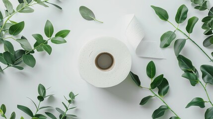 A roll of toilet paper with green leaves on white background