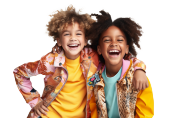 Cheerful kids in colorful outfits laughing together.
