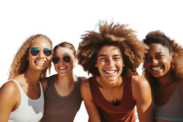 Group of friends laughing joyfully on a sunny beach