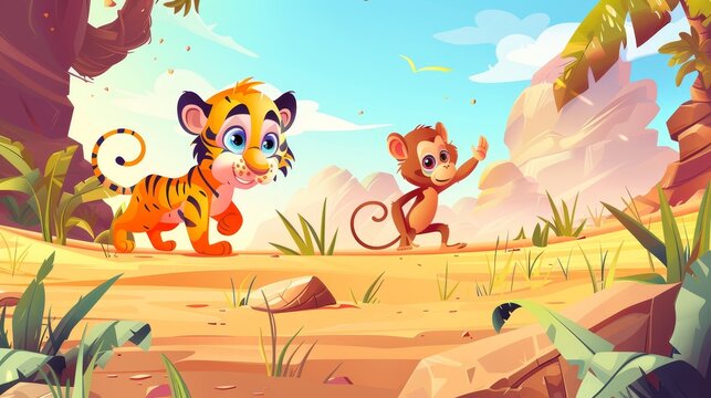Landing pages for saving nature, African tiger cubs and monkeys in desert, endangered species, primates population. Modern web banner set of animal cartoons.