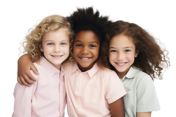 Three joyful children embracing, showcasing innocence and friendship