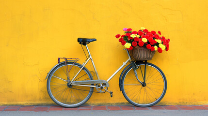Fototapeta na wymiar An idyllic scene of a bicycle with a basket filled with vibrant flowers, standing against a bright yellow wall