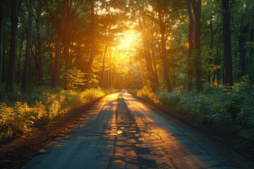 Obraz premium Driver experiencing the solitude of a winding road through a sunlit forest in the countryside.. AI generated.