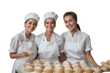 Baker team with fresh pastries, smiling in a bakery