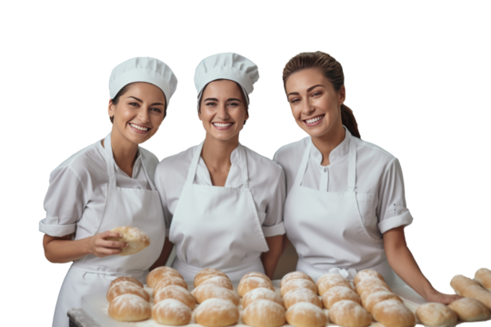 Baker team with fresh pastries, smiling in a bakery - Powered by Adobe