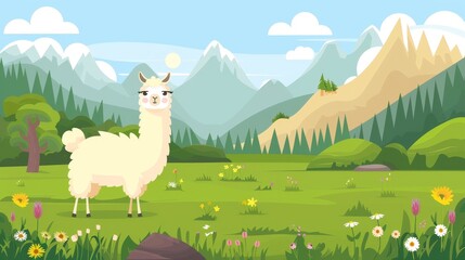 Fototapeta premium Featuring a llama banner and a cartoon illustration of cute alpacas on green meadows, this website template features a highland landscape with a cute guanaco.