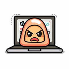 A cartoon character with an angry expression is sitting on a laptop
