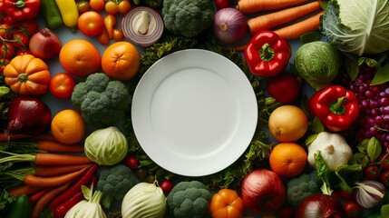 A vibrant display of various fresh vegetables and fruits around a central white empty plate on a table.