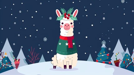 Landing page with happy new year greetings featuring cartoon llamas at night fairs. Alpacas wear festive green knit sweaters, red bows and holy berries.