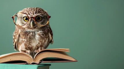 an owl in glasses sitting with a book, green background with copy space