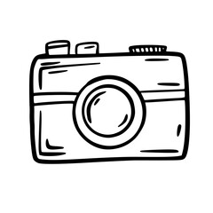 Camera. Doodle icon on white background.