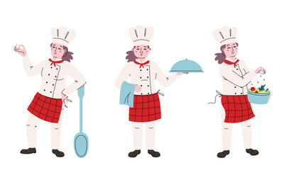 Different poses of female chef. Character in doodle style.