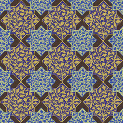 Vintage ceramic tile design with traditional ethnic motifs. Decorative flower arabesque with colorful ornamental repetition.