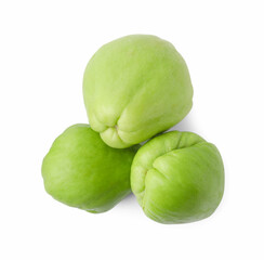 Many fresh green chayote isolated on white, top view