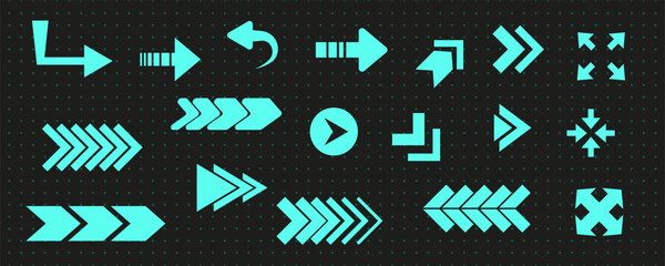 Modern techno groovy arrow element set, geometric trendy rave direction decoration design, futuristic psychedelic y2k forward graphic, retro blue neon icon collection, space trippy 90s sign aesthetic