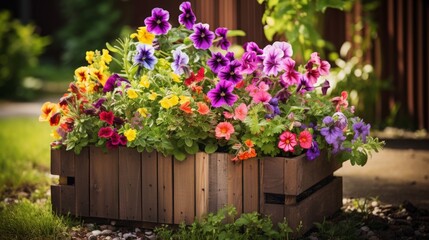 Fototapeta premium Beautiful different color flowers in pots on wooden pallet
