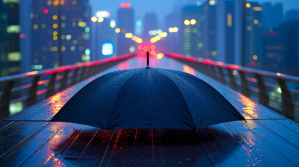 A rain-soaked umbrella rests against a wet railing