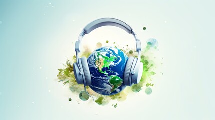 headphones around the green planet earth, light background