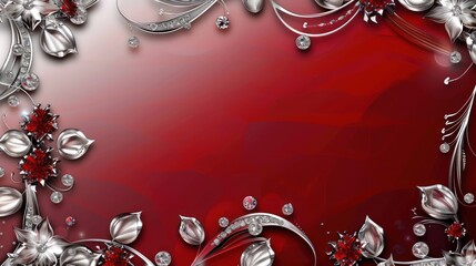 Template background romantic red white luxury design. Sparkling glitter silver heart on red background. AI Generative