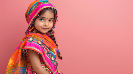 Indian child girl in national clothes dress, pink background with copy space